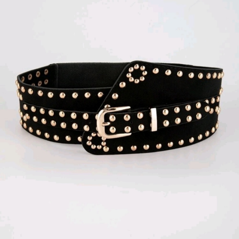 Black vegan faux suede corset gold studs punk wide boho waist belt - Picture 10 of 14